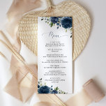 Navy Blåa blommor, Greenery, Boho, Blommigt Bröllo Meny<br><div class="desc">Lägg till en personlig beröring till bröllop firande med dessa snyggtar och minnesvärda party! Utformningen har marina blå vattenfärgblommor och grönt mot vit bakgrund.</div>