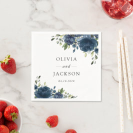 Navy Blåa blommor, Greenery, Boho, Blommigt Bröllo Pappersservett