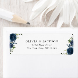 Navy Blåa blommor, Greenery, Boho, Blommigt Bröllo Returadress Etikett
