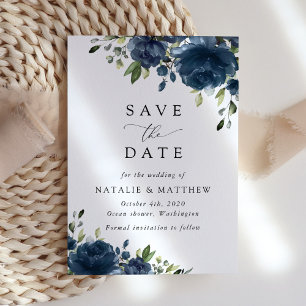 Navy Blåa blommor, Greenery, Boho, Blommigt Bröllo Spara Datumet