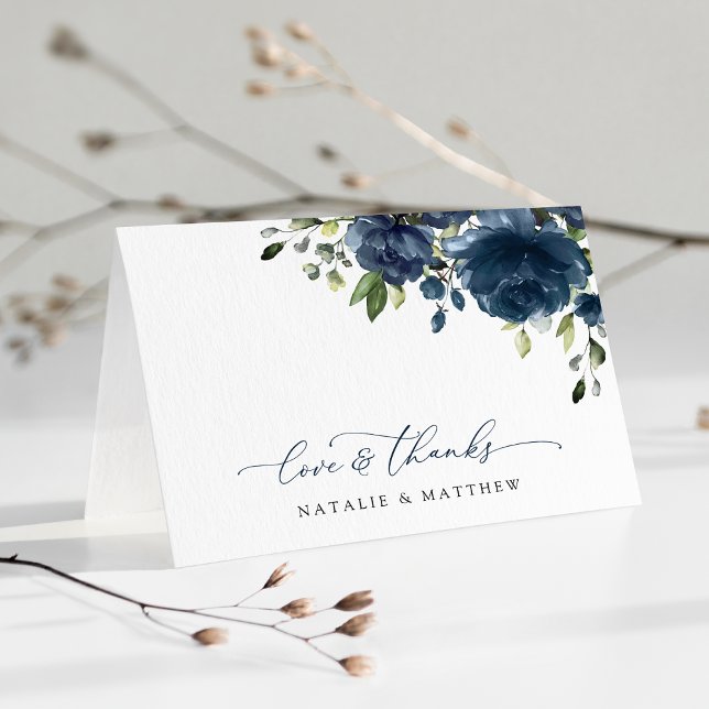 Navy Blåa blommor, Greenery, Boho, Blommigt Bröllo Tack Kort (Skapare uppladdad)