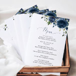 Navy Blåa blommor, Greenery, Boho, Bröllop Menu<br><div class="desc">Lägg till en personlig beröring till bröllop firande med dessa snyggtar och minnesvärda party! Utformningen har marina blå vattenfärgblommor och grönt mot vit bakgrund.</div>