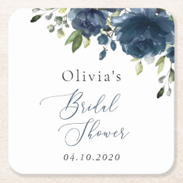 Navy Blåa blommor, Greenery, Boho, Möhippa Underlägg Papper Kvadrat