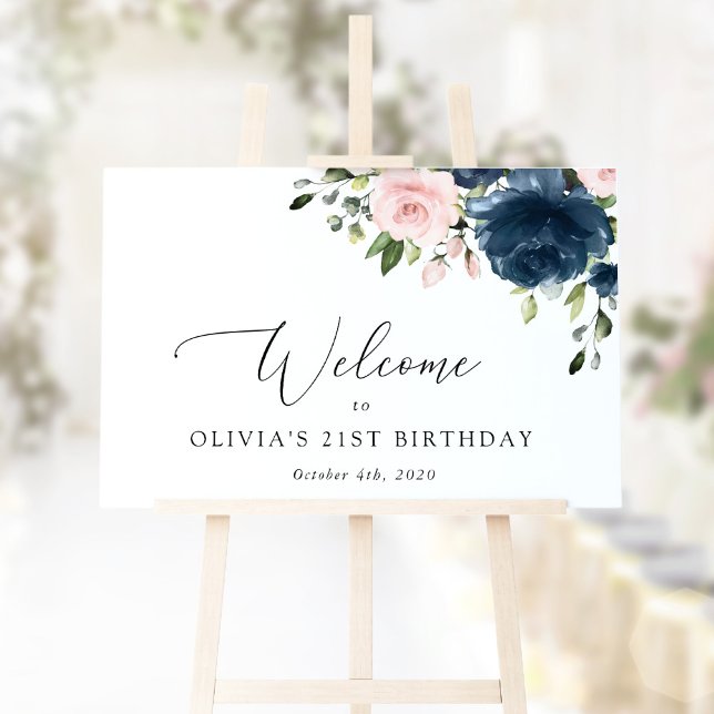 Navy Blåa blommor, Rosa Flowers, Birthday Welcome Poster (Skapare uppladdad)