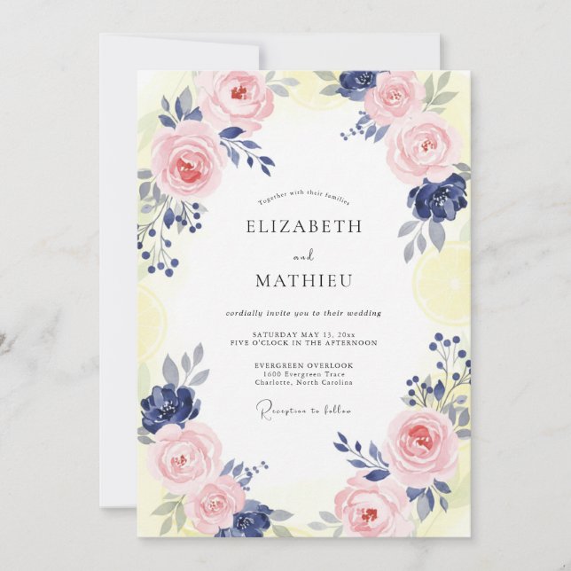 Navy Blekt Rosa Peony Bröllop Inbjudningar (Framsida)