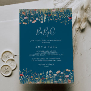 Navy Bliss Wildflower BabyQ Baby Shower Grillfest Inbjudningar