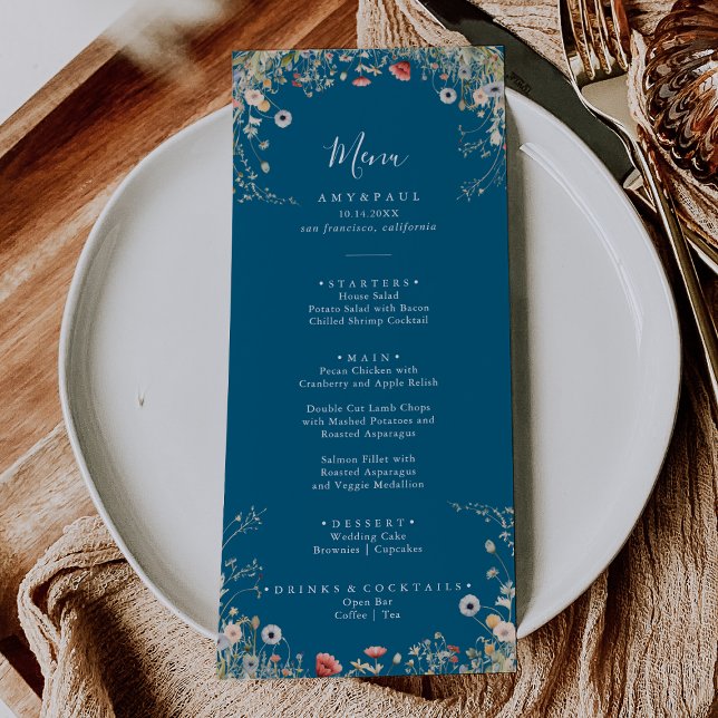 Navy Blissful Boho Wildblommor Dinner Menu Meny (Skapare uppladdad)