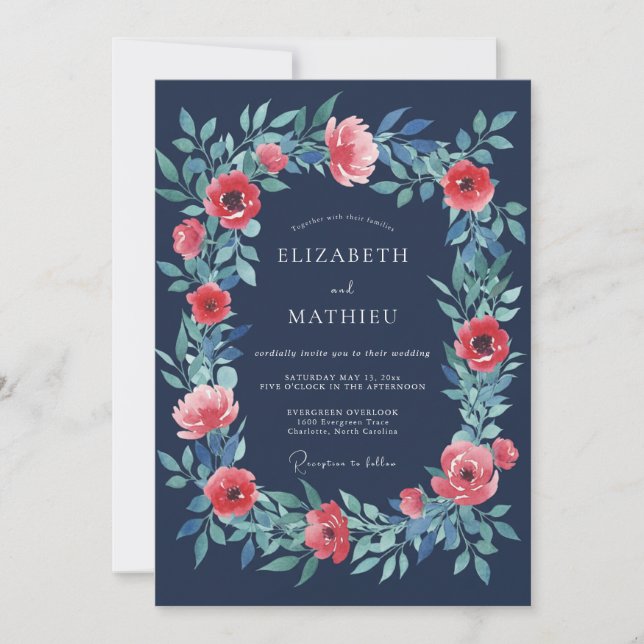 Navy Blommig Bröllopsromantik Inbjudningar (Framsida)