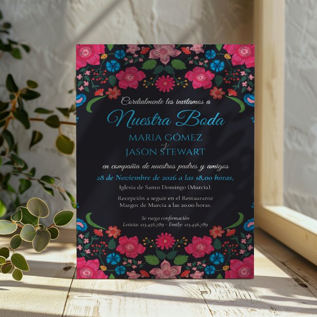 Navy Blommig Färgrik Elegant Boda Spansk Bröllop Inbjudningar (Navy Floral Colorful Elegant Boda Spanish Wedding Invitation)