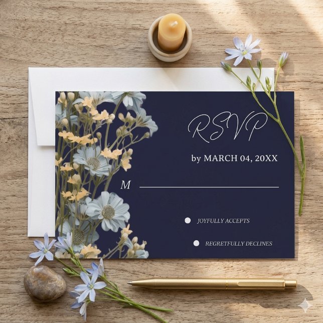 Navy Blommig Modern Bröllops-RSVP OSA Kort (Skapare uppladdad)