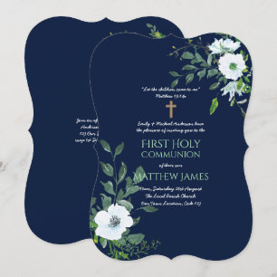 NAVY Blommigt First Heliga Communion with verse Inbjudningar