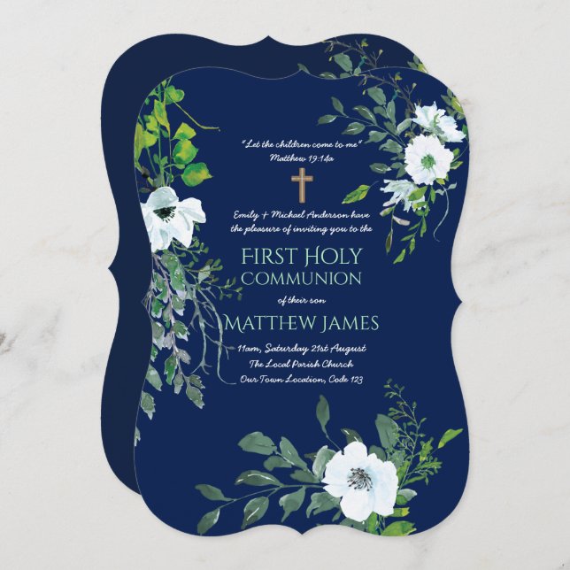 NAVY Blommigt First Heliga Communion with verse Inbjudningar (Fram/baksida)