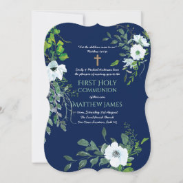 NAVY Blommigt First Heliga Communion with verse Inbjudningar