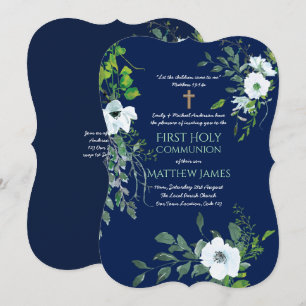 NAVY Blommigt First Heliga Communion with verse Inbjudningar