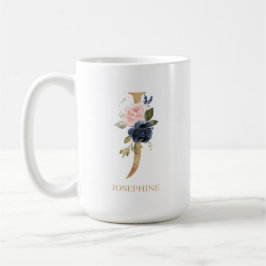 Navy Blommigt Monogram Brev ’J’-Personlig Kaffemugg