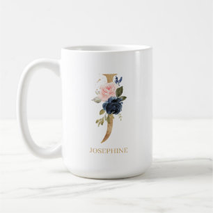 Navy  Blommigt Monogram Brev ’J’-Personlig Kaffemugg