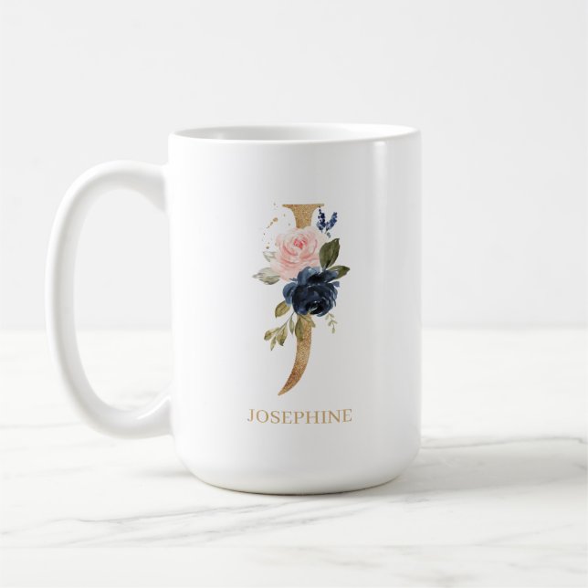 Navy  Blommigt Monogram Brev ’J’-Personlig Kaffemugg (Vänster)
