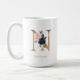 Navy  Blommigt Monogram Brev ’N’-Personlig Kaffemugg