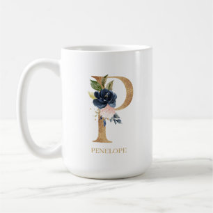 Navy  Blommigt Monogram Brev P-Personlig Kaffemugg