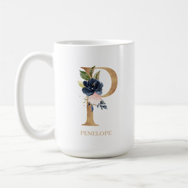 Navy  Blommigt Monogram Brev P-Personlig Kaffemugg (Vänster)