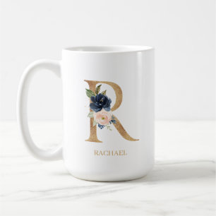 Navy  Blommigt Monogram Brev ’R’-Personlig Kaffemugg