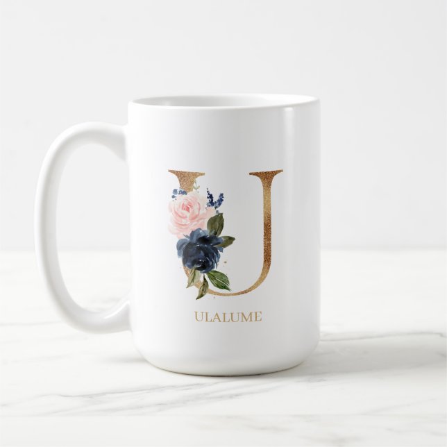Navy  Blommigt Monogram Brev ’U’-Personlig Kaffemugg (Vänster)