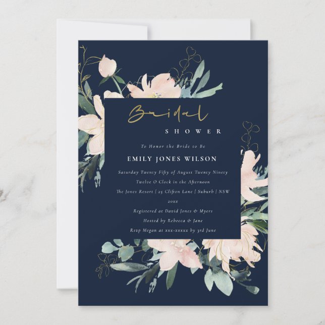 NAVY  BLOMMIGT RAM VATTENFÄRGENS MÖHIPPA INBJUDNINGAR (Framsida)