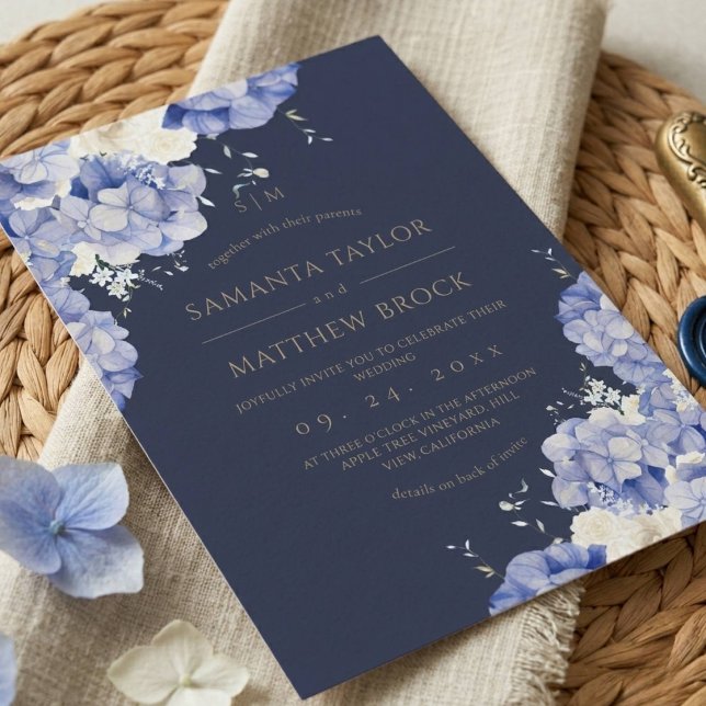 Navy Blommor ⎮Elegant allt i ett Inbjudningar (Skapare uppladdad)