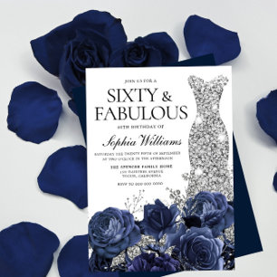 Navy blommor & Silver Diamond klänning 60-årsdag Inbjudningar