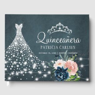 Navy blomster diamant prinsessa tiara quinceanera gästböcker