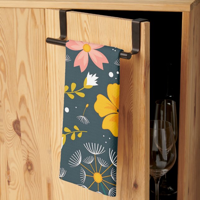 Navy blomsterträdgård Whimsical vår mönster Kökshandduk (Thirds Fold)