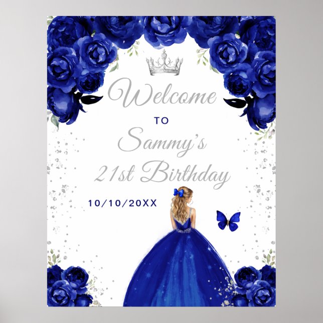 Navy Blonde Hair Princess Birthday Välkommen Poster (Framsidan)