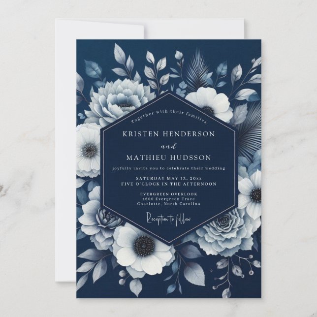 Navy Bloom Romance Wedding Inbjudningar (Framsida)