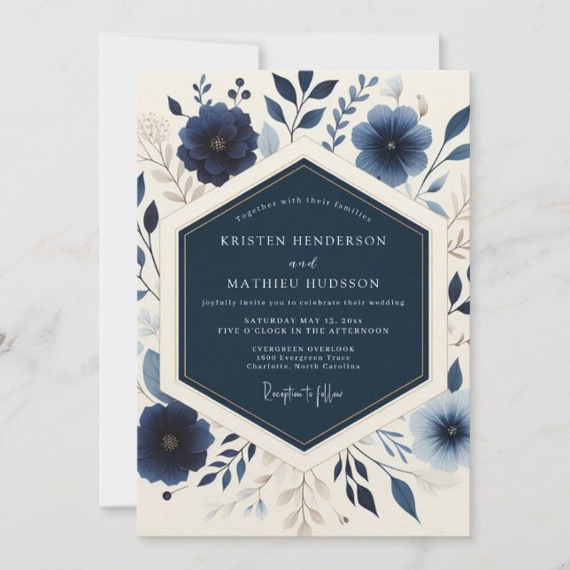 Navy Blooming Botanical Wedding Inbjudningar (Framsida)