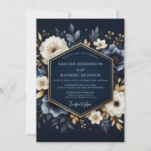 Navy Blooming Enchantment Bröllop Inbjudningar
