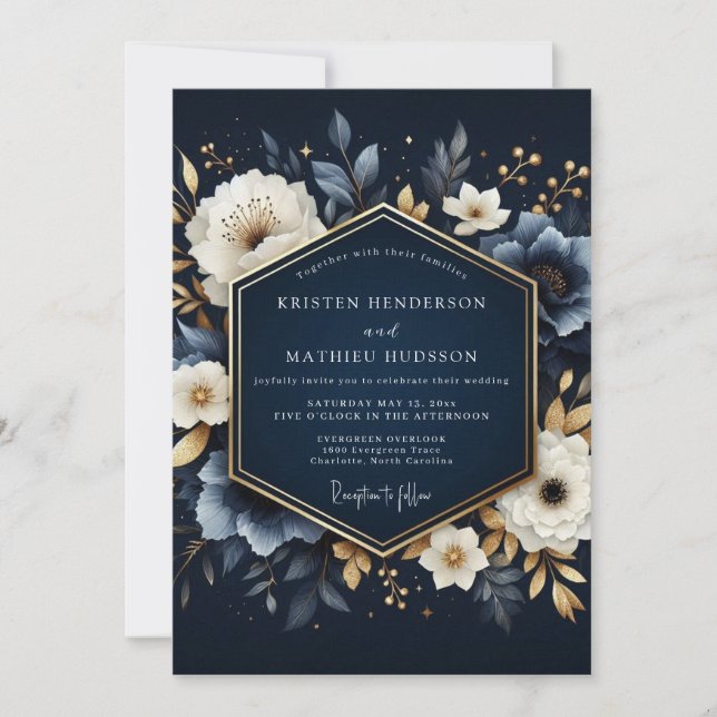 Navy Blooming Enchantment Wedding Inbjudningar (Framsida)