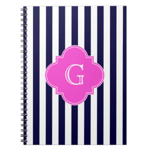 Navy Blu White Rand Shock rosa Quatrefoil Monogram Anteckningsbok Med Spiral