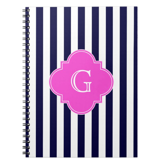Navy Blu White Rand Shock rosa Quatrefoil Monogram Anteckningsbok Med Spiral (Framsidan)