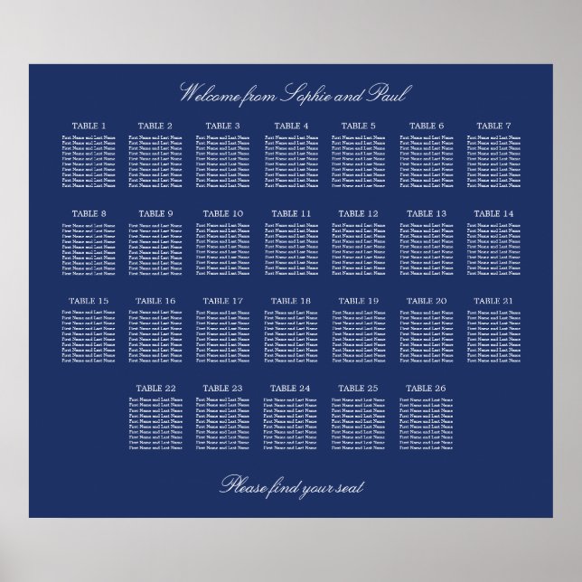 Navy Blue 26 Bord Bröllop Platsindelning Affisch (Framsidan)