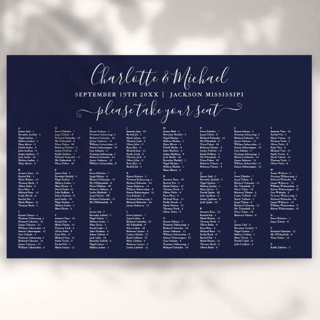 Navy Blue 300 Namn Bröllopsplatskarta Poster (Navy Blue 300 Names Wedding Seating Chart)