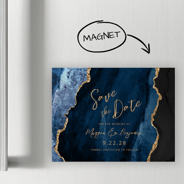 Navy Blue Agate Bröllop Spara Datum Magnetisk Inbjudningskort (Skapare uppladdad)