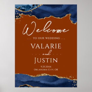 Navy Blue Agate Burnt Orange Bröllop Välkomsttecke Poster