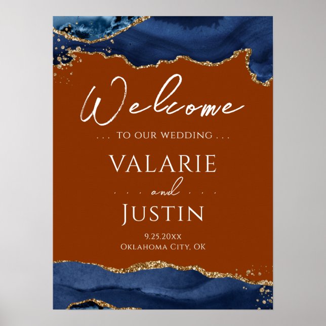 Navy Blue Agate Burnt Orange Bröllop Välkomsttecke Poster (Framsidan)