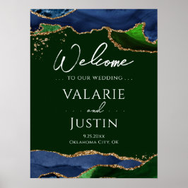 Navy Blue Agate Grönt Bröllop Välkomsttecken Poster