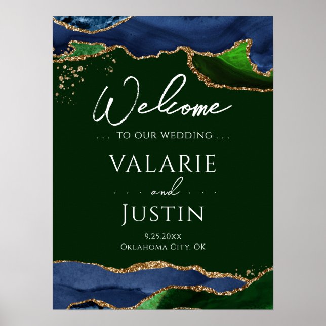 Navy Blue Agate Grönt Bröllop Välkomsttecken Poster (Framsidan)