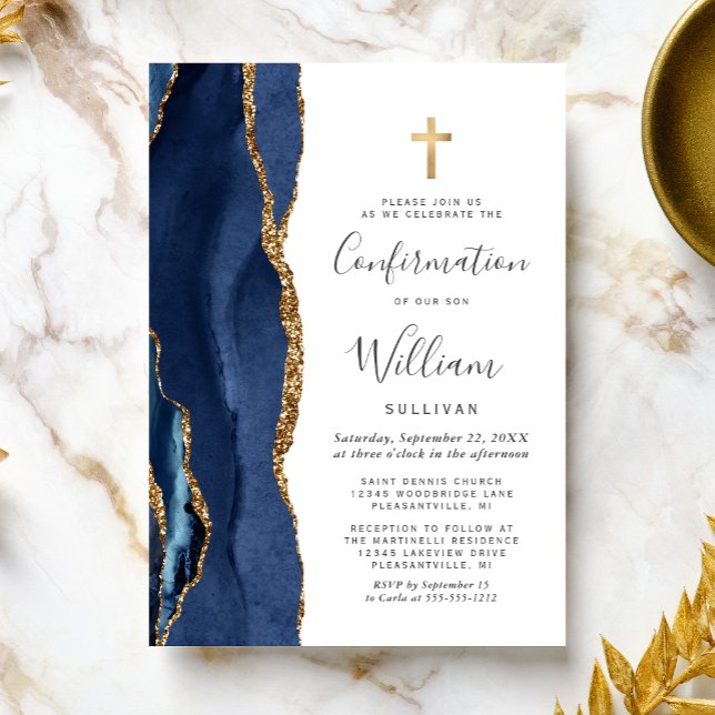Navy Blue Agate Guld Glitter Konfirmation Inbjudningar (Skapare uppladdad)