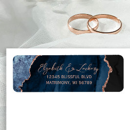 Navy Blue Agate Rose Gold Wedding Return Address Returadress Etikett