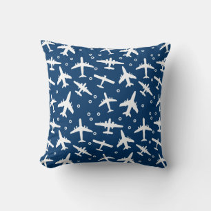 Navy Blue Airplane Patternated Aviation Thézed Kudde