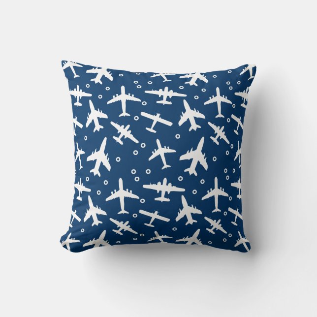 Navy Blue Airplane Patternated Aviation Thézed Kudde (Framsida)