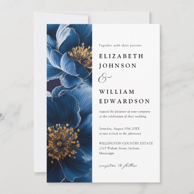 Navy Blue Allt-i-ett Elegant Blommig Chic Bröllop Inbjudningar (Framsida)